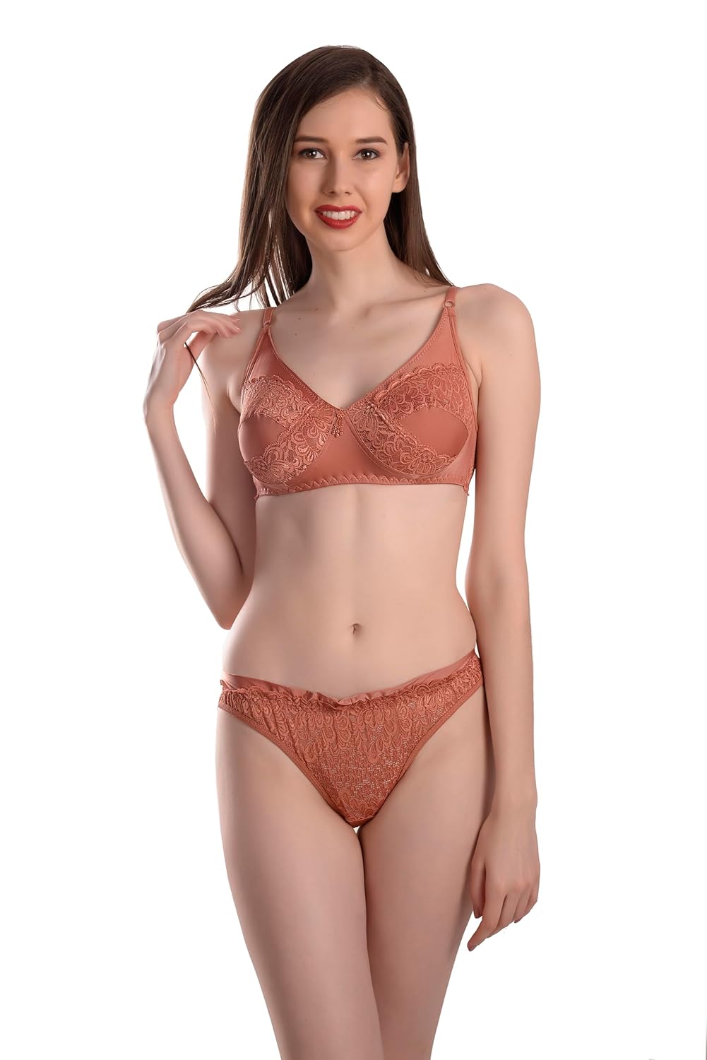 Bra Panty Set for Women – Bridal Lingerie Set Combo for Honeymoon, Wedding Pack of 1/2/3, Full Coverage Bridal Lingerie Set with Net and Floral Design in Skin, Brown, Pink Colour