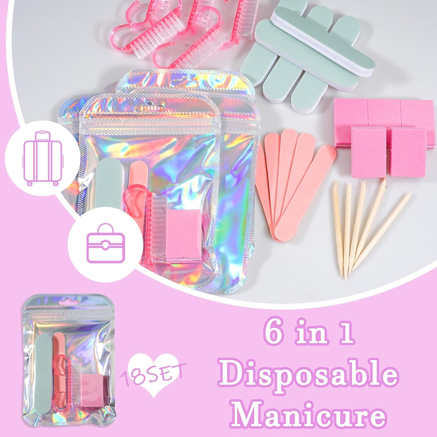 Disposable Manicure Kit Professional, 18 Set Press On Nail Tool Kit with Nail File, Nail Buffer, Nail Buffer Block, Nail Handle Brush, Wood Stick, Packaging Bag (Pink)