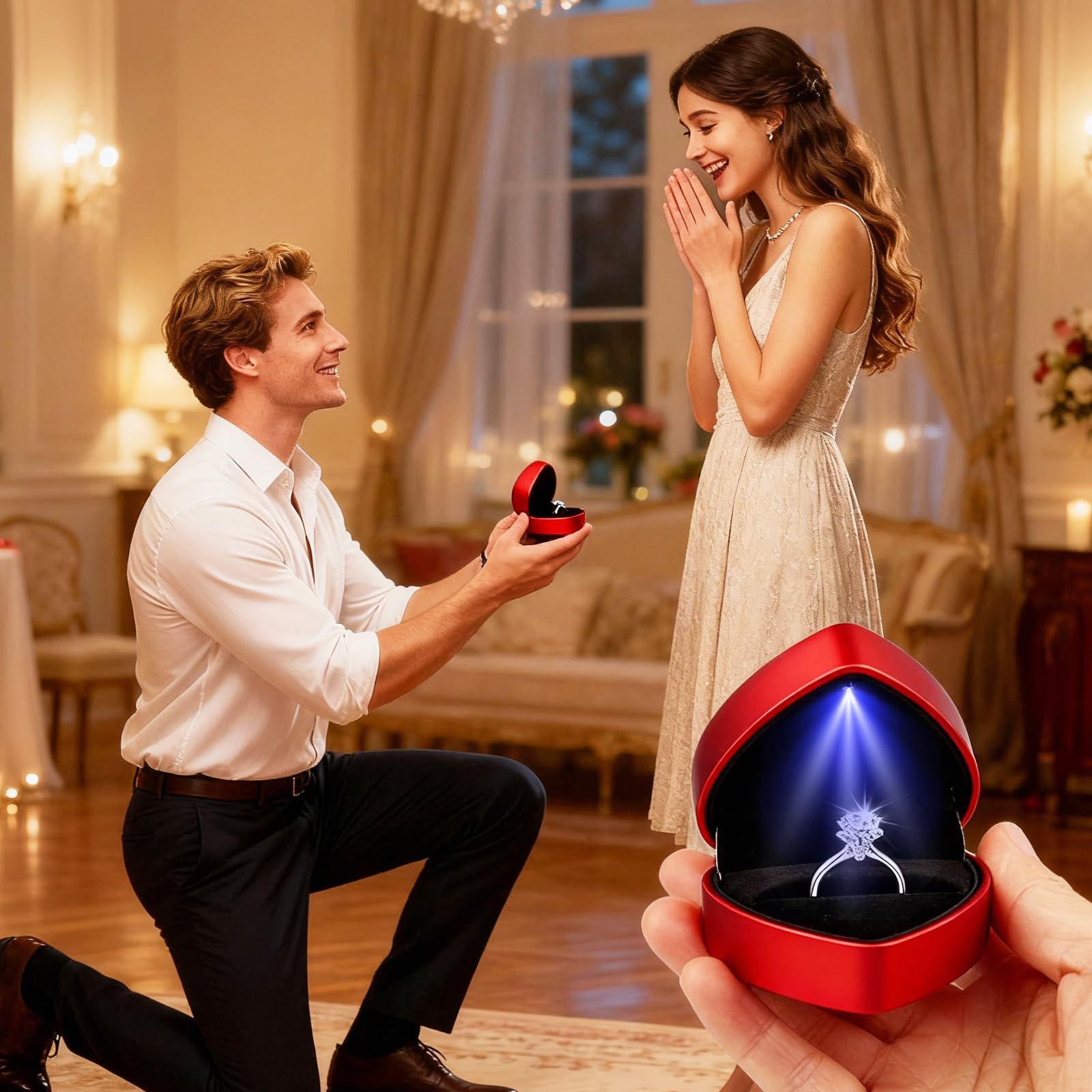 Caja de anillo con luz LED en forma de corazón para propuesta de boda San Valentín