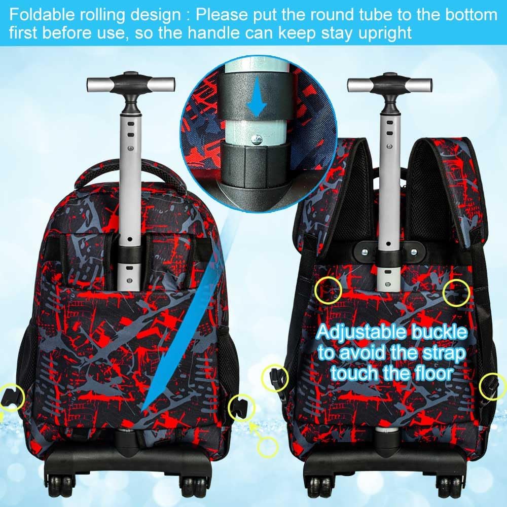 3Pcs Rolling Backpack for Boys Men, Travel Wheeled Backpacks for Adults, Teens College Roller Bookbag with Wheels for Men(Red) - Image 3