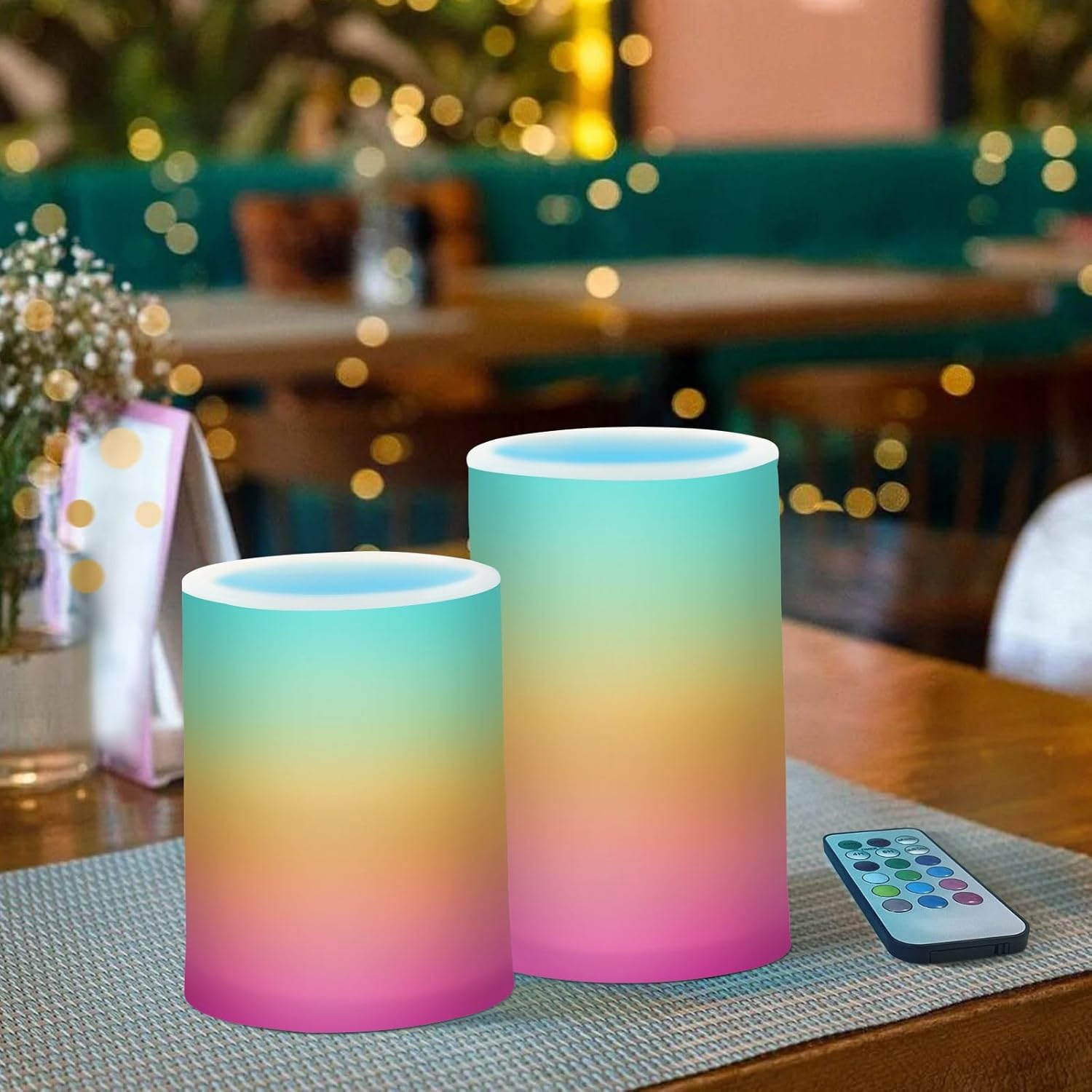 DOMIKING Teal Orange Pink Gradient Flameless Candles with Remote Control Electric Led Candles with Timer Battery Operated Flickering Tea Light Candles for Desk Outdoor Home Bathroom 2 PCS