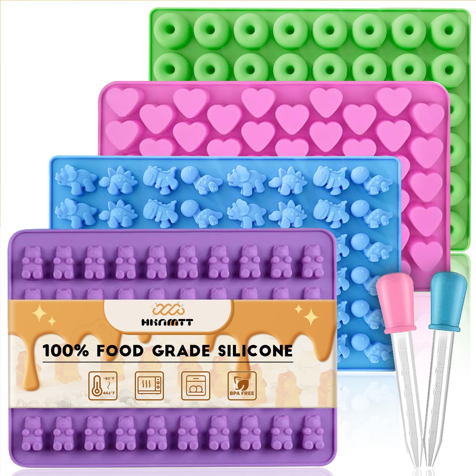 Gummy Bear Molds Silicone Mini Size, Non-stick Chocolate candy Gummy Mold for Kid with 2 Droppers Including Mini Dinosaur, Bear, Hearts and Mini Donut Shape 201 Cavities