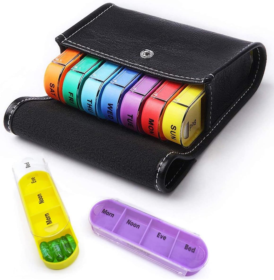 IBAMA 4 Times a Day Pill Case Organizer with Leather Bag, Weekly Travel Medicine Reminder Box for Vitamin/Fish Oil๏ผLarge Pill Wallet with 28 Compartments