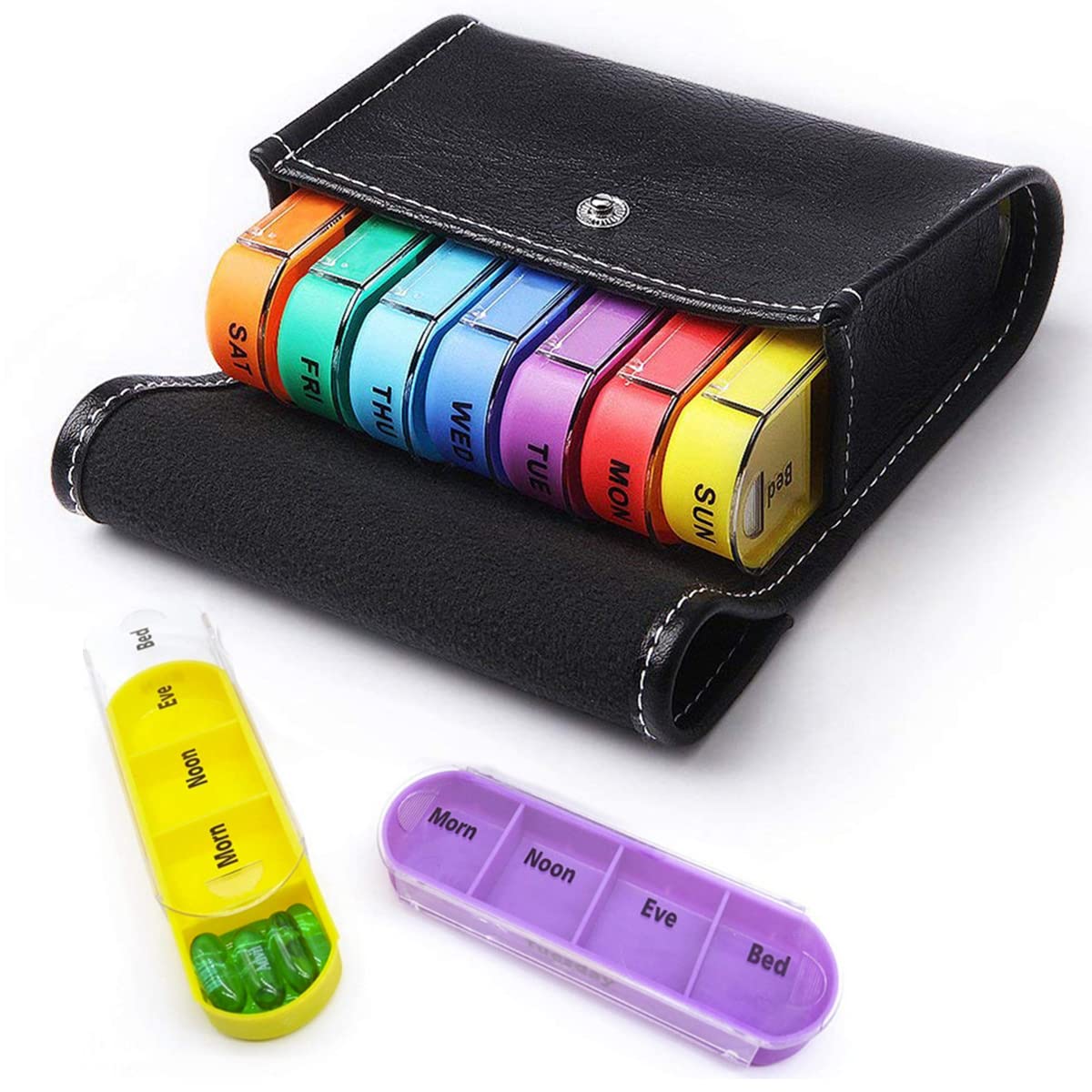 IBAMA 4 Times a Day Pill Case Organizer with Leather Bag, Weekly Travel Medicine Reminder Box for Vitamin/Fish Oil,Large Pill Wallet with 28 Compartments