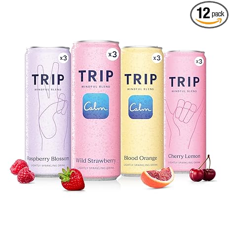 TRIP Mindful Blend, Lightly Sparkling Adaptogen Seltzer, Non-Alcoholic Mocktail with Magnesium, Ashwagandha, Lions Mane & L Theanine, No Added Sugar, Vegan, Citrus Berry Variety Pack, 12 Oz, 12Pk