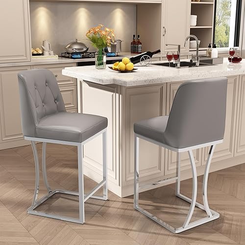 24" Counter Height Bar Stools Set of 2, Grey Counter Stools with Back and Sliver Metal Frame, Modern Luxury Barstools with Footrest, Upholstered PU