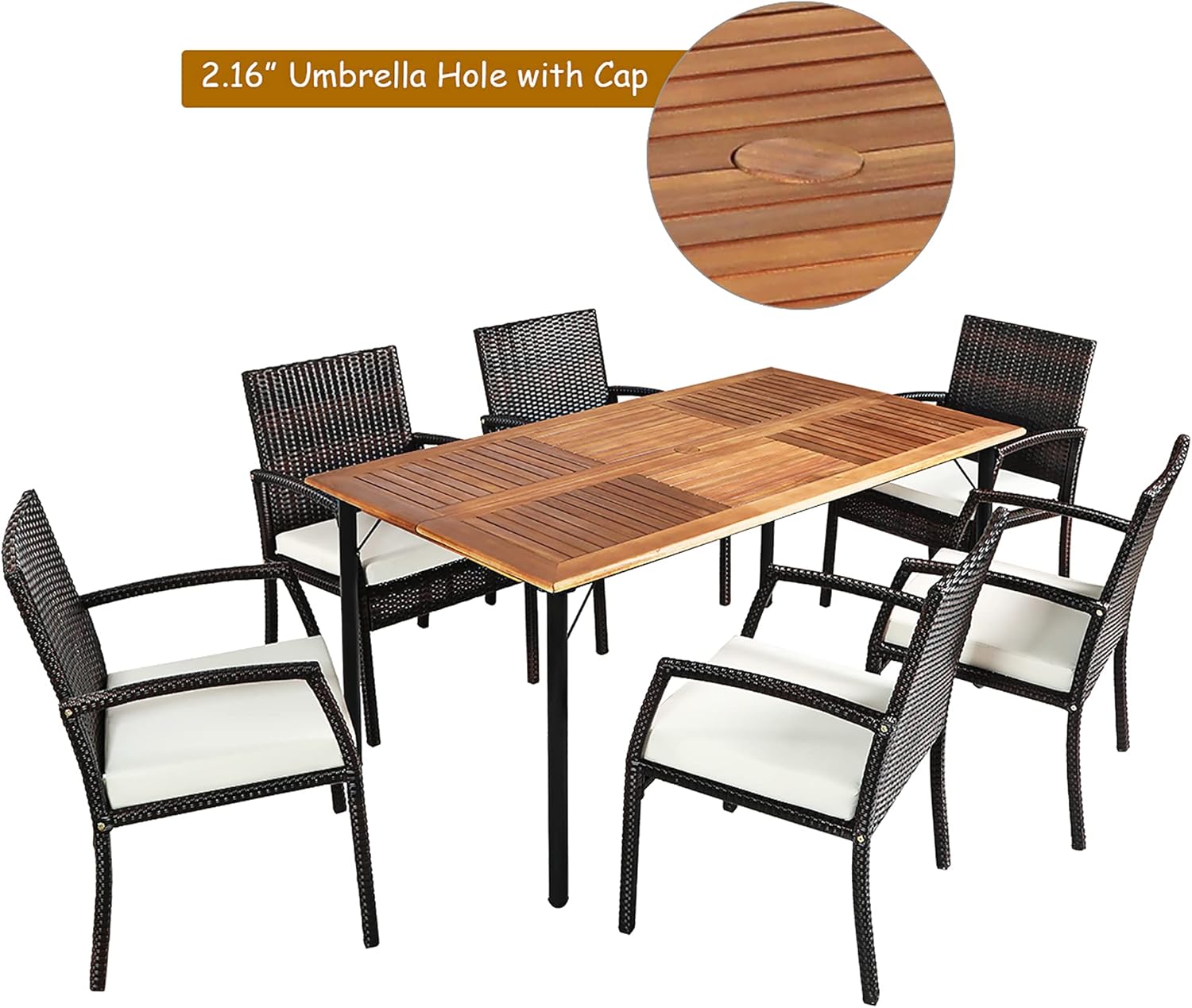 DORTALA 7-Piece Patio Dining Set with a close-up of the 2.16 inch umbrella hole with cap.