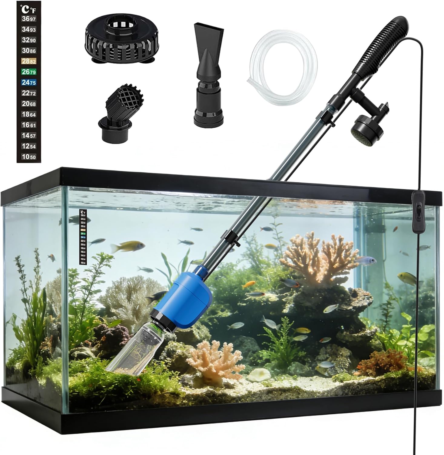 6-in-1 Electric Aquarium Gravel Cleaner – 530GPH Powerful Fish Tank Vacuum with Water Changer, Sand Washer & Debris Remover, Quiet 32W Pump with Telescopic Pole for Freshwater (Blue)