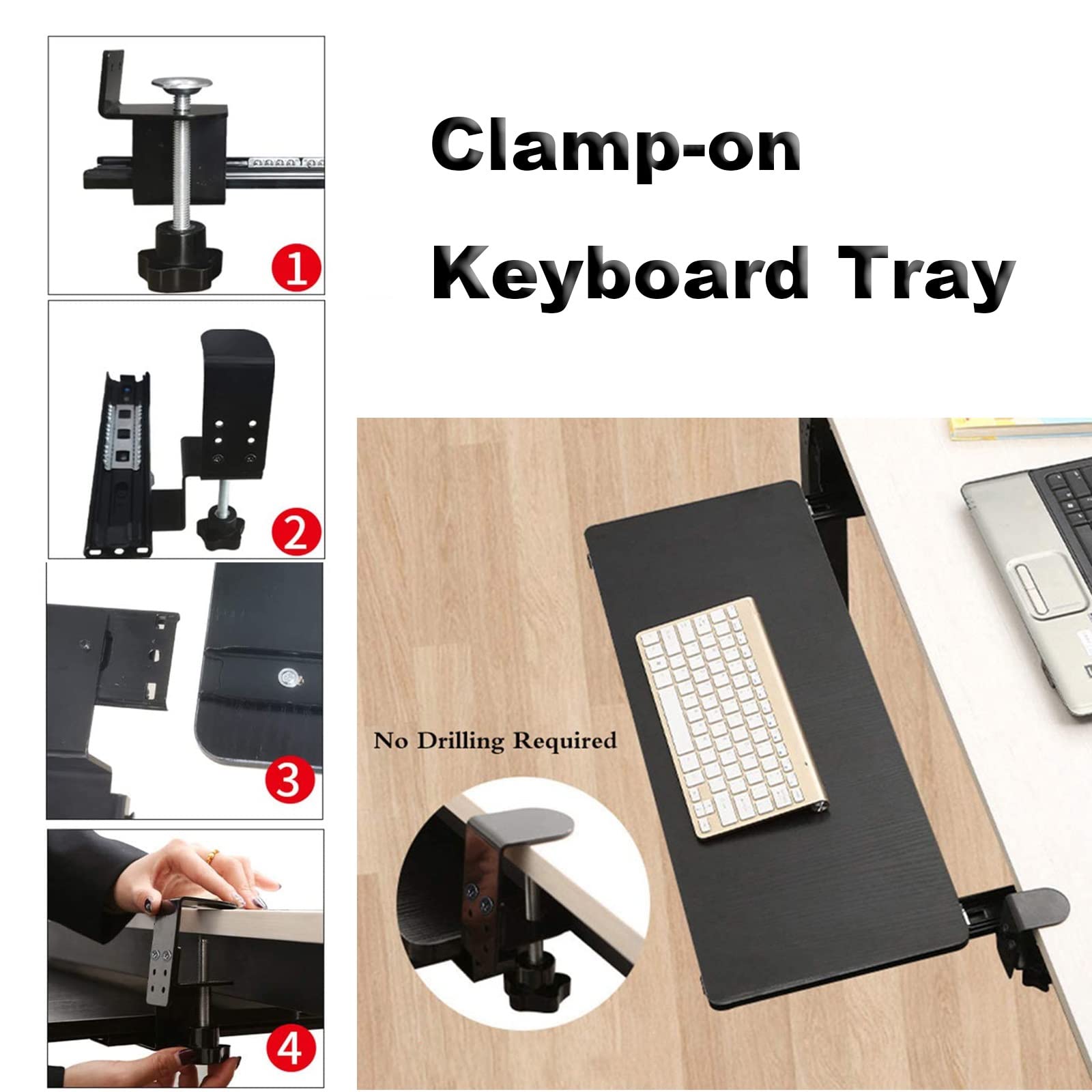 Vassoio per tastiera regolabile sotto la scrivania, cassetto estraibile ergonomico e portaoggetti per mouse, organizer da scrivania regolabile in altezza per una maggiore efficienza e comfort dello