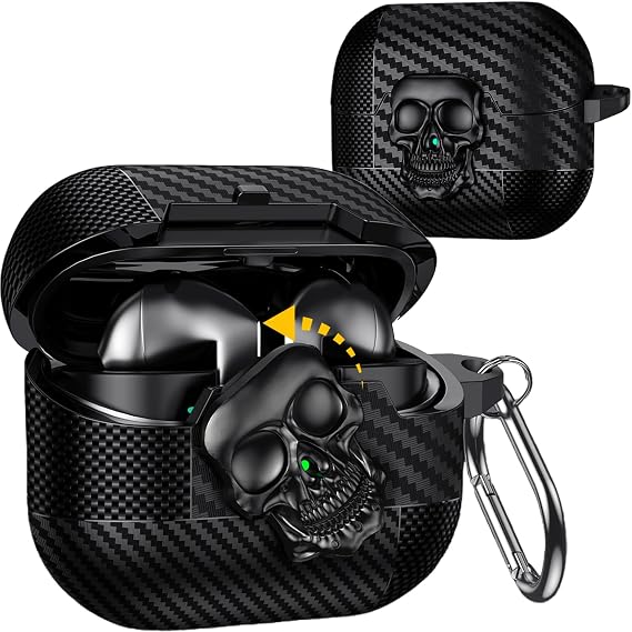 Samsung Galaxy Buds 3 FE/Buds 3 Pro/Buds 3 Kılıf Kapak Kafatası Kilitli ve Anahtarlıklı Erkekler için, Komik Karbon Fiber Darbeye Dayanıklı Sert Kabuk İskelet Kapak Galaxy Buds 3 Pro için