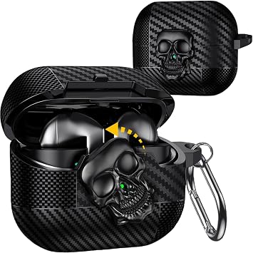Samsung Galaxy Buds 3 FE/Buds 3 Pro/Buds 3 Kılıf Kapak Kafatası Kilitli ve Anahtarlıklı Erkekler için, Komik Karbon Fiber Darbeye Dayanıklı Sert Kabuk İskelet Kapak Galaxy Buds 3 Pro için