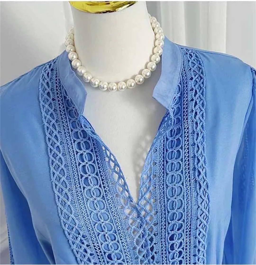 Womens V-Neck Solid Maxi Dress Lace Patchwork Hollow Out Beach Long Sleeve Dress