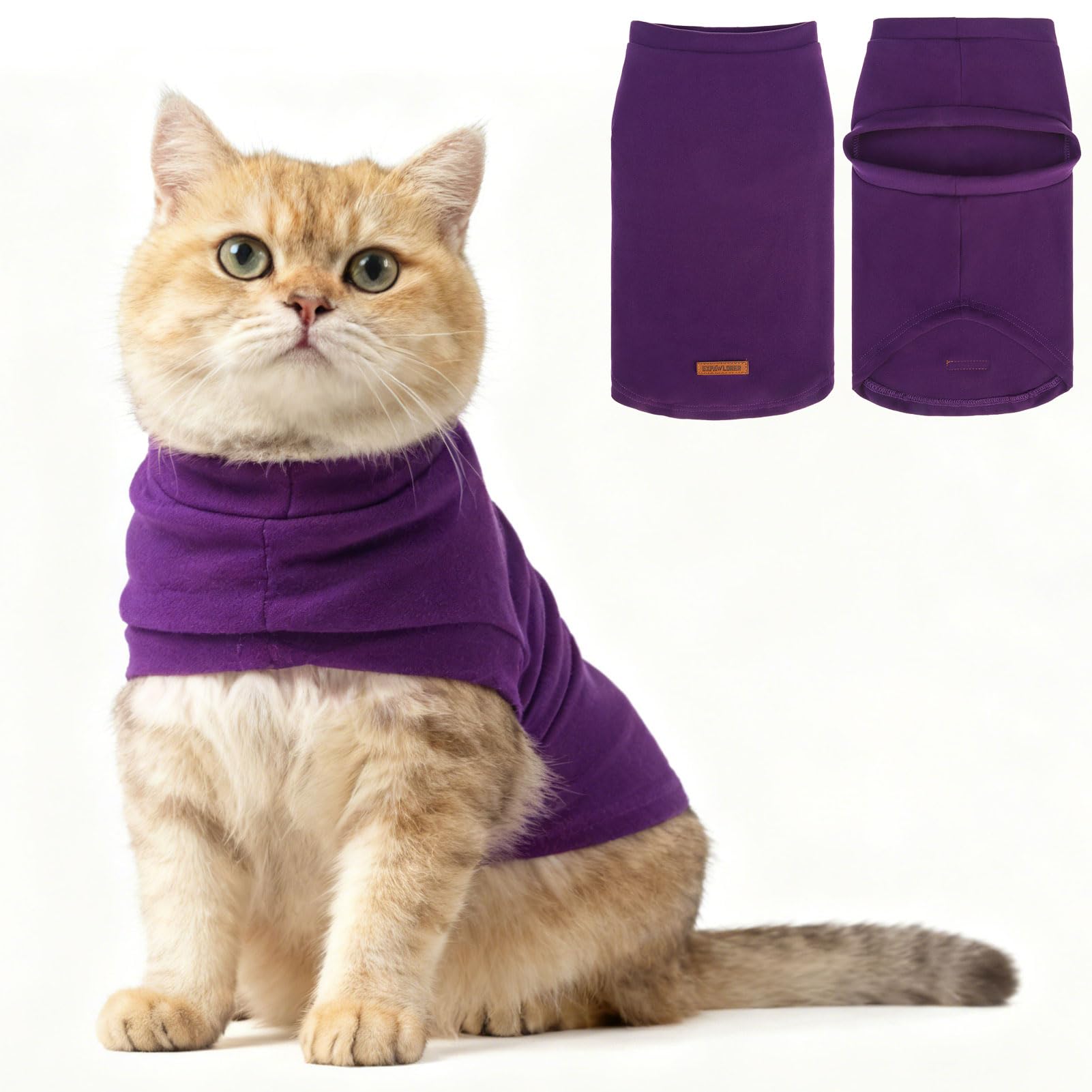 EXPAWLORER Soft Cat Sweater - Sweaters for Cats Only Warm Kitten Clothes, Fall and Winter Pet Coat Pullover Design, Fleece Sweatshirt Clothing Also for Puppy Small Dogs, Purple S