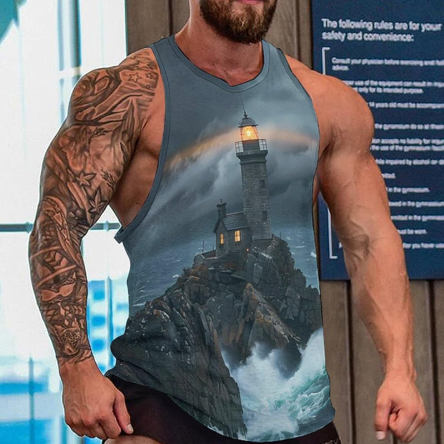 Stormy Lighthouse at Sea Mens Breathable Printed Tank Top 5XL