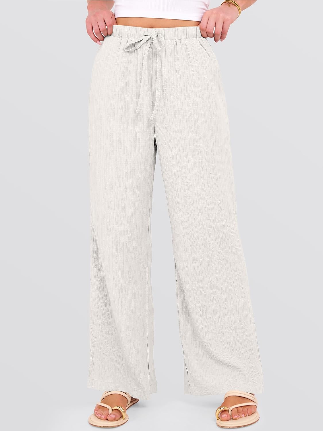 ANRABESS Women's Wide Leg Beach Pants Elastic Waist Lightweight Casual Flowy Palazzo Lounge Trousers with Pockets - Image 2