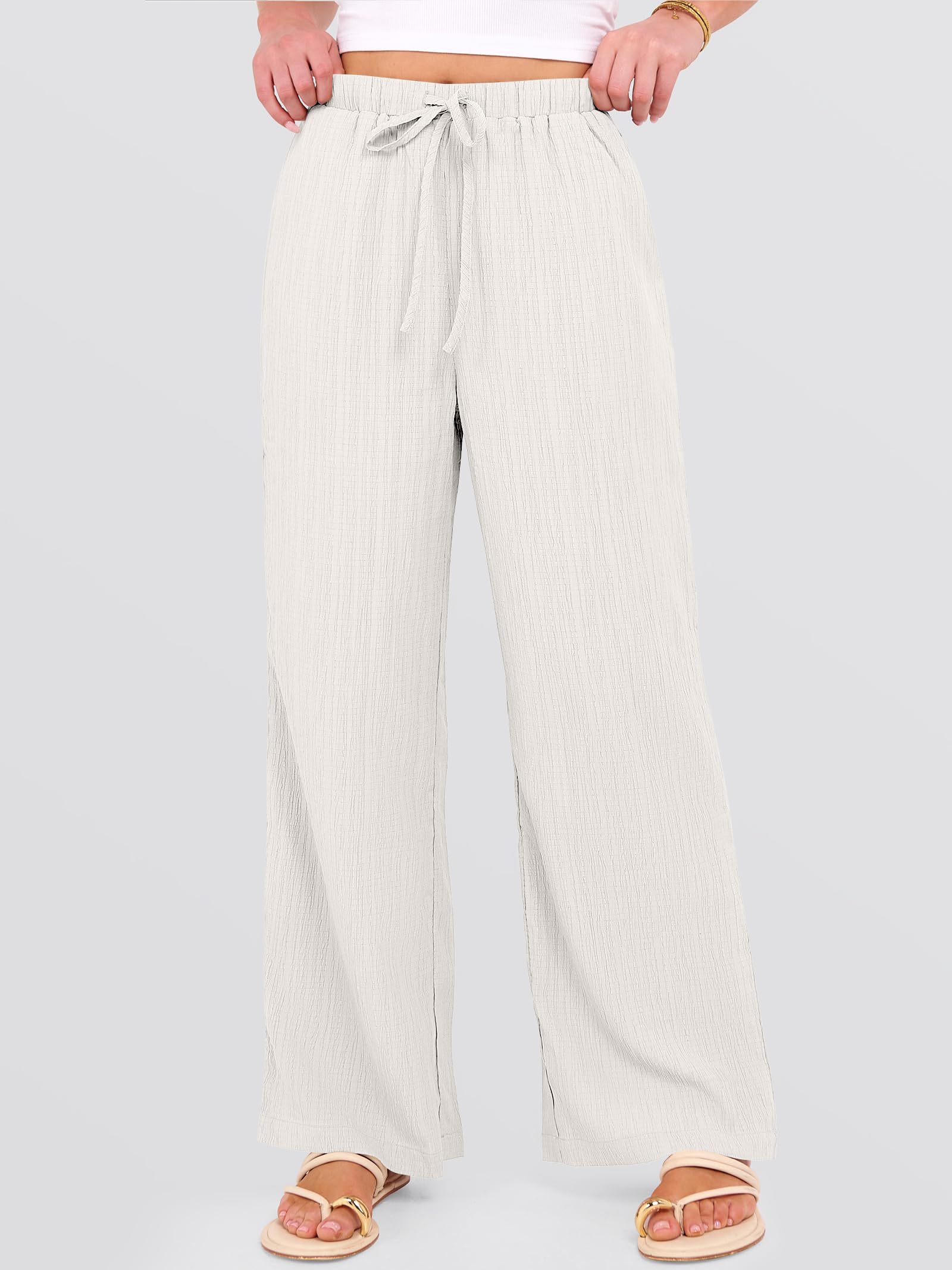 ANRABESS Women's Wide Leg Beach Pants Elastic Waist Lightweight Casual Flowy Palazzo Lounge Trousers with Pockets