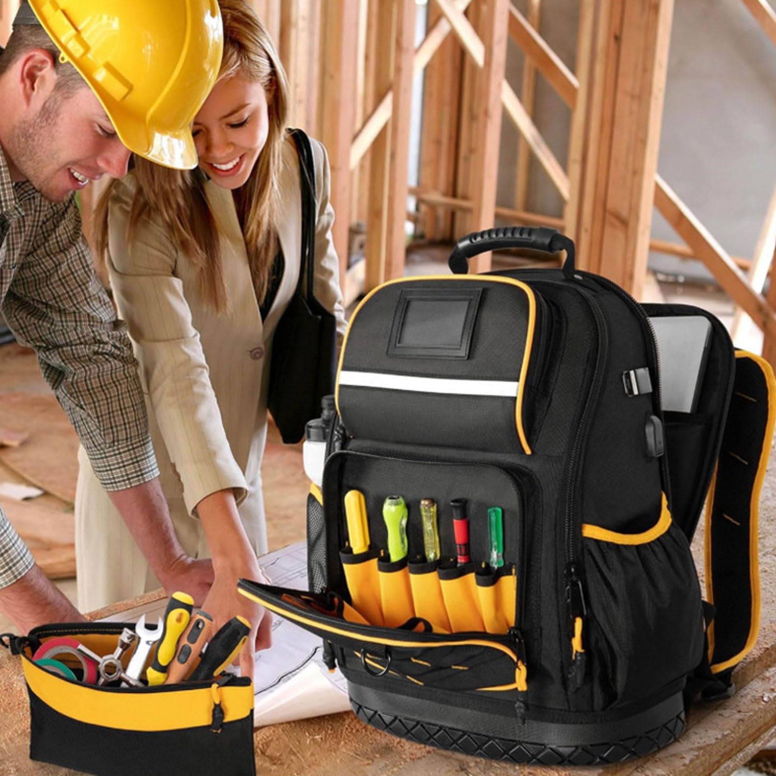 Changor Zaino Portautensili in Tessuto Oxford Resistente con Custodia Imbottita per Laptop, Design con Fondo Rigido per Elettricisti, Spazio per Laptop da 15,6".