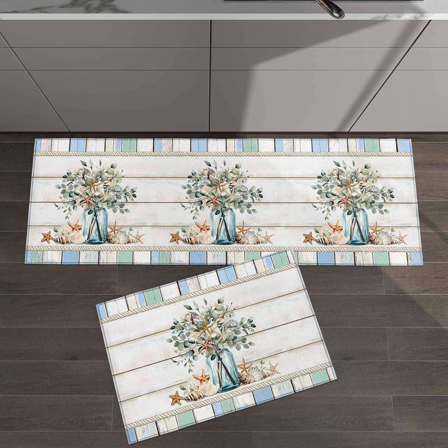 2 Pieces Kitchen Rugs and Mats,Ocean Starfish Conch Shell Eucalyptus Leaf Area Runner Rug Set Non Slip Floor Doormat Washable Carpet Standing Mat for Kitchen Sink Indoor Corridor,Vintage Rustic Wood