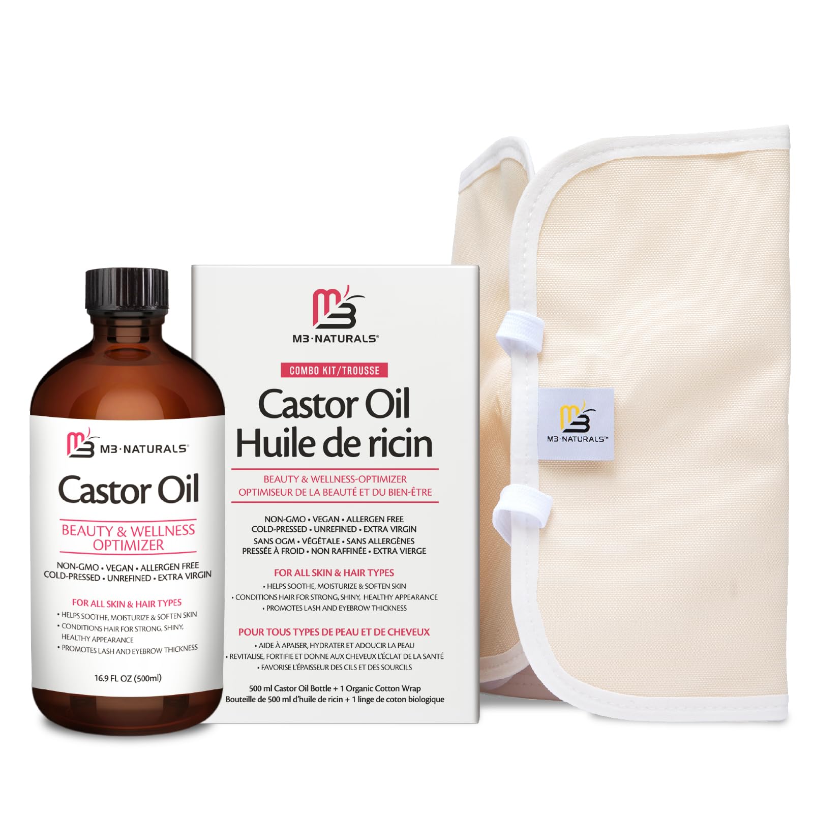 Pure Hexane-Free Cold Pressed Organic Castor Oil - 500mL Glass Bottle for Hair, Lashes, Brows & Skin Nourishment (Castor Oil Kit 16.9 Fl Oz. + Wrap)
