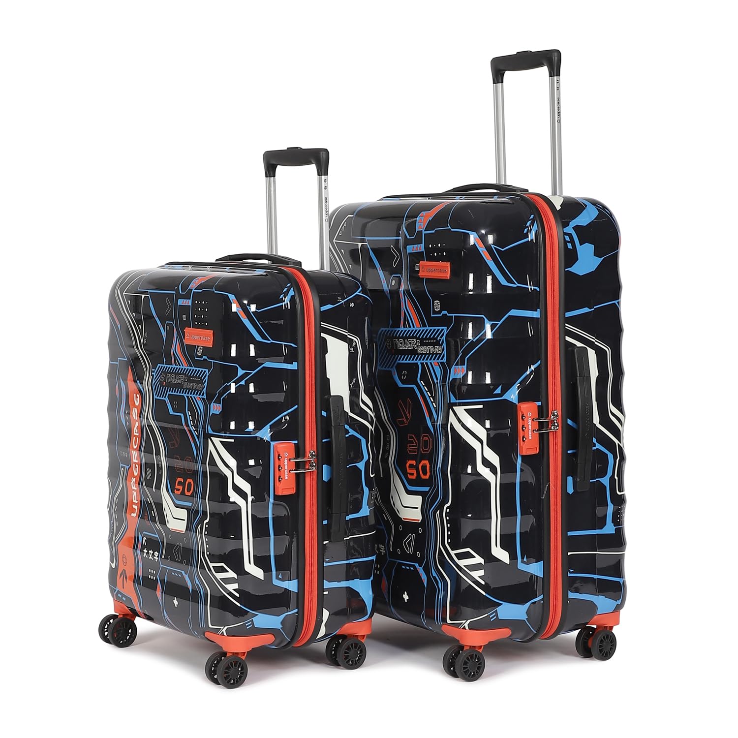 uppercase Cyber Punk Set of 2 (Small+Medium) Hardsided Printed Polycarbonate 8 Wheel Double Spinner Printed Eco Trolley Bag, Travel Suitcase for Unisex (Black), 65.5 cm uppercase Cyber Punk Set of 2 (Small+Medium) Hardsided Printed Polycarbonate 8 Wheel Double Spinner Printed Eco Trolley Bag, Travel Suitcase for Unisex (Black), 65.5 cm