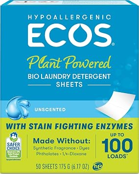 ECOS Laundry Detergent Sheets   Hypoallergenic, Fragrance-Free | Compact plastic-free packaging, results at all temperatures   see listing for scent and pack size