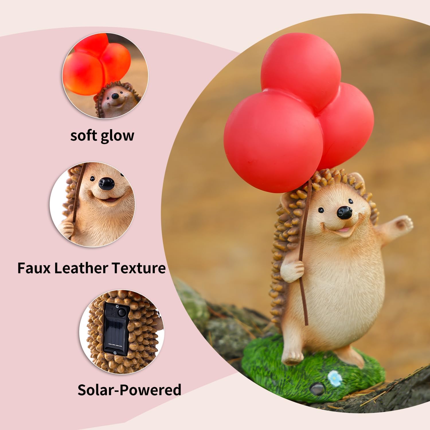 WHIMSYNOOK Hedgehog Figurine with Balloon – Solar LED Garden Statue & Whimsical Gift Décor, 10.4" Resin Cute Animal Light for Porch, Lawn, Yard, Housewarming, or Birthday