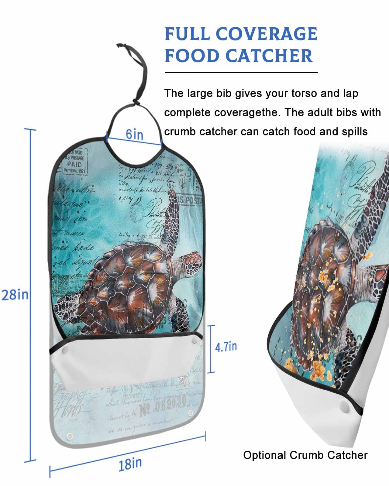 LEOKOTI Coastal Sea Turtle Adult Bibs for Eating, Waterproof Bibs with Food Catcher & Adjustable Snap Closure, Blue Nautical Summer Beach Vintage Washable Clothing Protectors Adult Bibs for Elderly