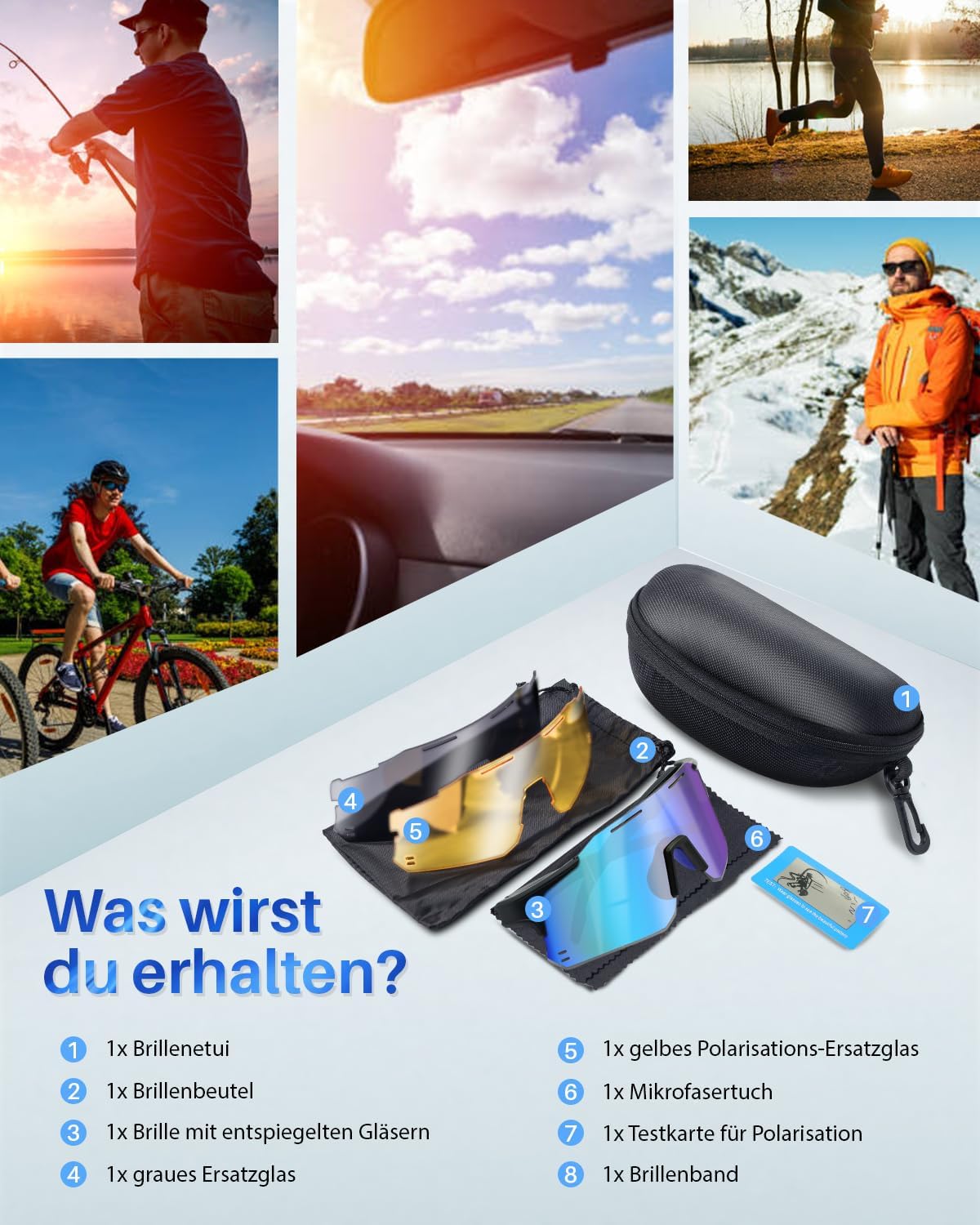 Schnelle Brille Herren Winddicht Sport Sonnenbrille Damen-UV400 Schutz Fahrradbrille Ultraleicht Randlos Sportbrille mit 3 Austauschbare Linse für Radfahren MTB Angeln Fahrrad Laufen