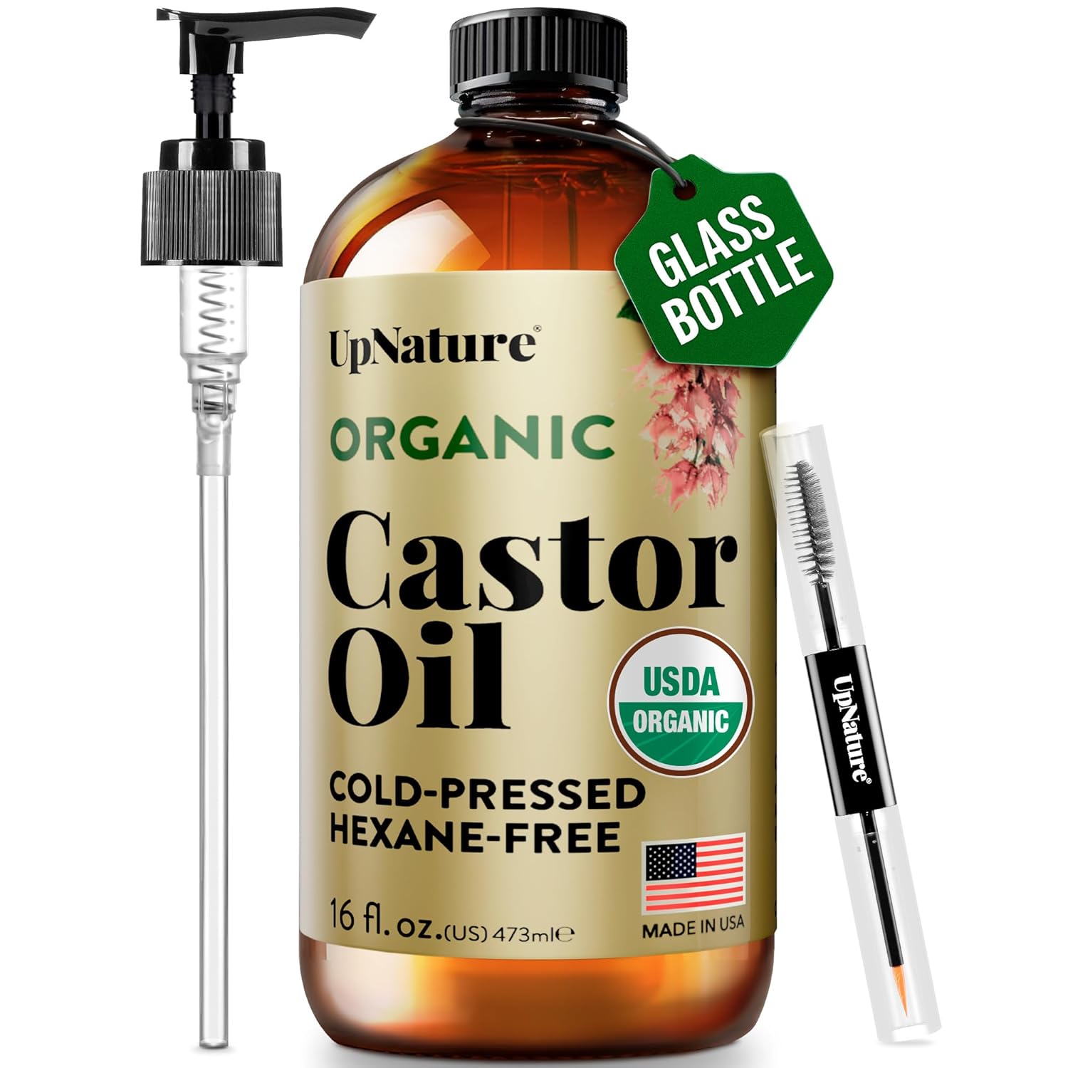 UpNature Organic Castor Oil in Glass Bottle 16 oz 100 Pure Cold Pressed Unrefined Castor Oil for Hair