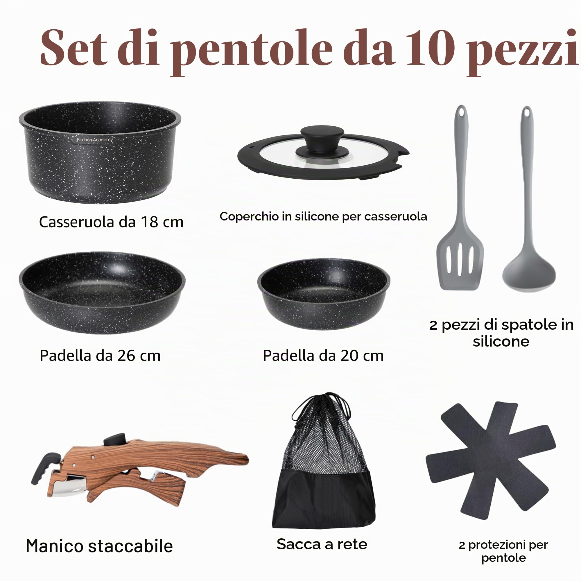 Kitchen Academy Set di pentole da 10 pezzi, Set di pentole e padelle con coperchi in vetro, Rivestimento in marmo, Rivestimento antiaderente, Adatto all'induzione, Manico liscio venato (Nero)