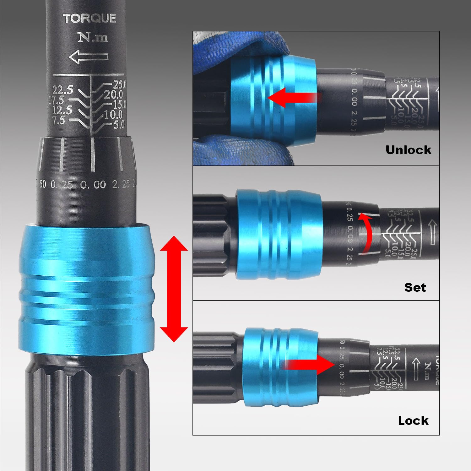 Lot de 32 clés dynamométriques à cliquet réglables de 1/4" pour vélo, 5–25 Nm, ± 3% de précision d'erreur, avec 1 barre d'extension de 10,2 cm, douilles 6–7–8–10–13 mm pour voiture, moto