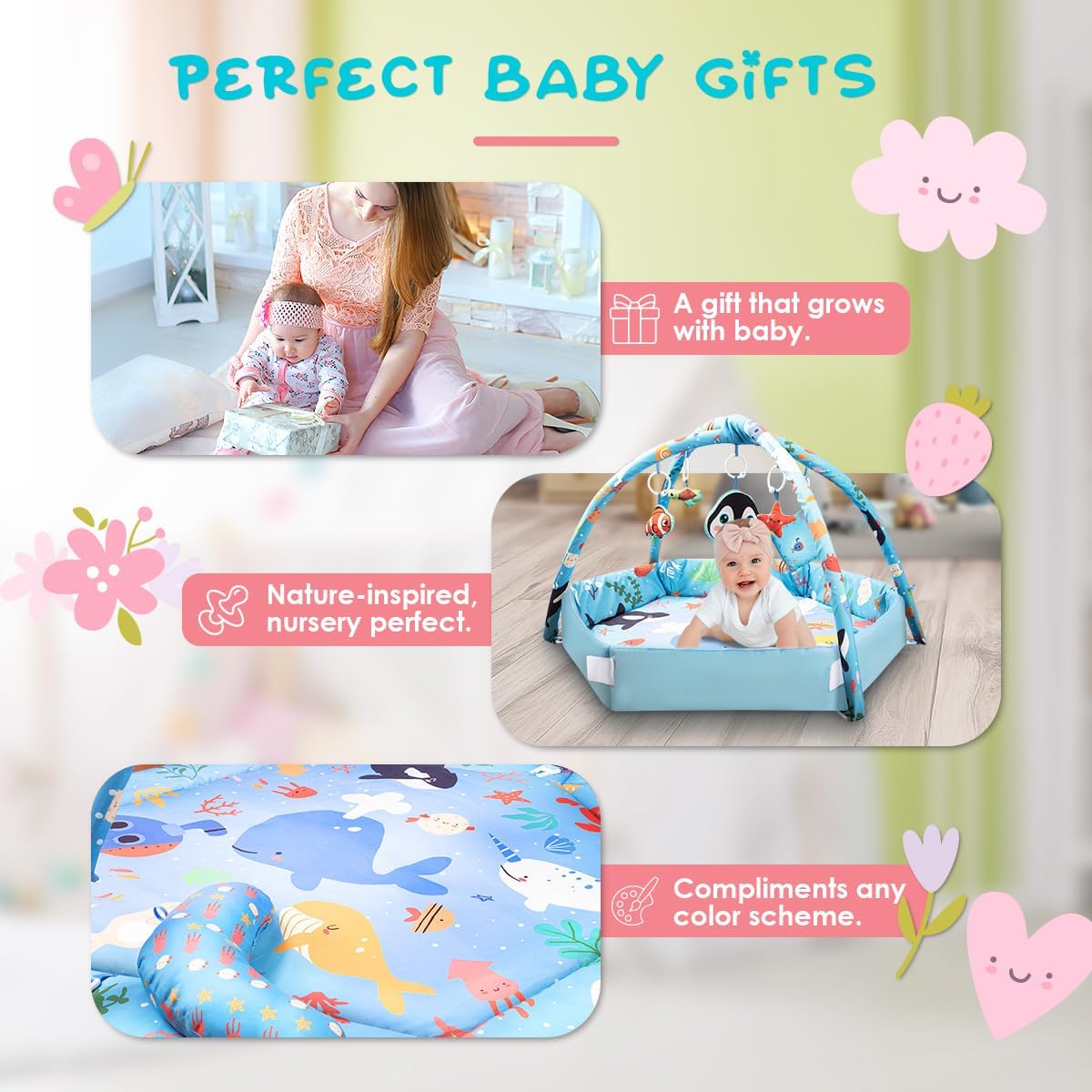 Baby Play Mat,Tummy Time Mat with 6 Detachable Toys-Activity Gym for Visual, Auditory & Motor Development-Washable Baby Activity Mat for 0-12 Month Infants(Ocean)