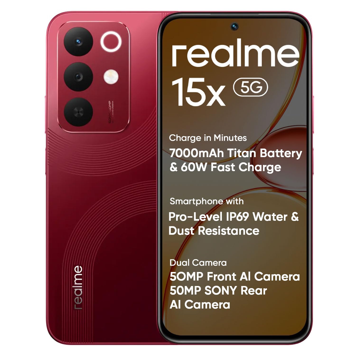 realme 15X 5G Smartphone Maroon Red 8+128GB, 6.8-inch Screen