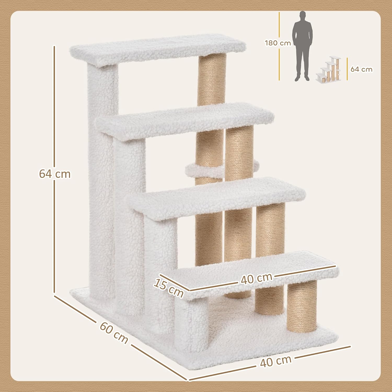 PawHut Pet Stairs with Scratching Post Ball 4-Step Cat Stairs Dog Stairs Particle Board Plush Jute White 60 x 40 x 64 cm