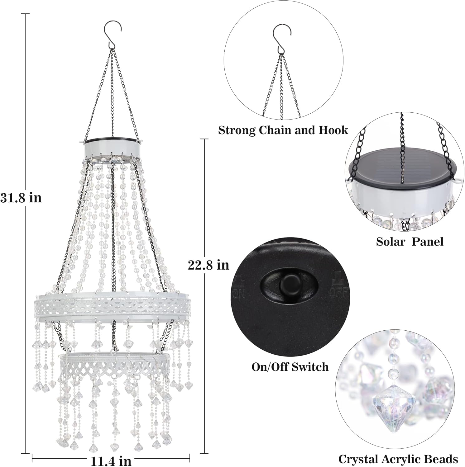 Hanging Solar Chandelier Outdoor Waterproof Crystal Beaded Chandelier with 36 Warm White LEDs Large Decorative Garden Lights for Outside Gazebo Porch Patio Yard Decor 32”H