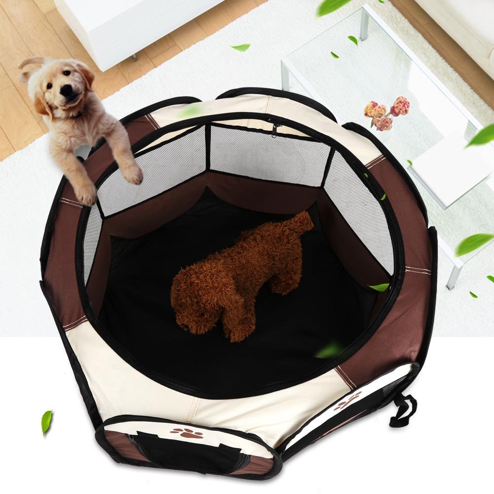 Oxford Welpenlaufstall, Tierlaufstall für Hunde Hasen Meerschweinchen mit Tür, faltbar Waschbar Eckig 81 x 45cm,Coffee