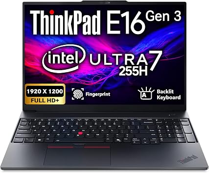 Lenovo ThinkPad E16 Gen 3, 16" FHD+ IPS Display, Intel Ultra 7 255H, 16GB DDR5, 512GB SSD NVMe, Fingerprint, Backlit Keyboard, WiFi 6E+BT, RJ-45, FHD Webcam, W11P, AI Business Laptop - Black