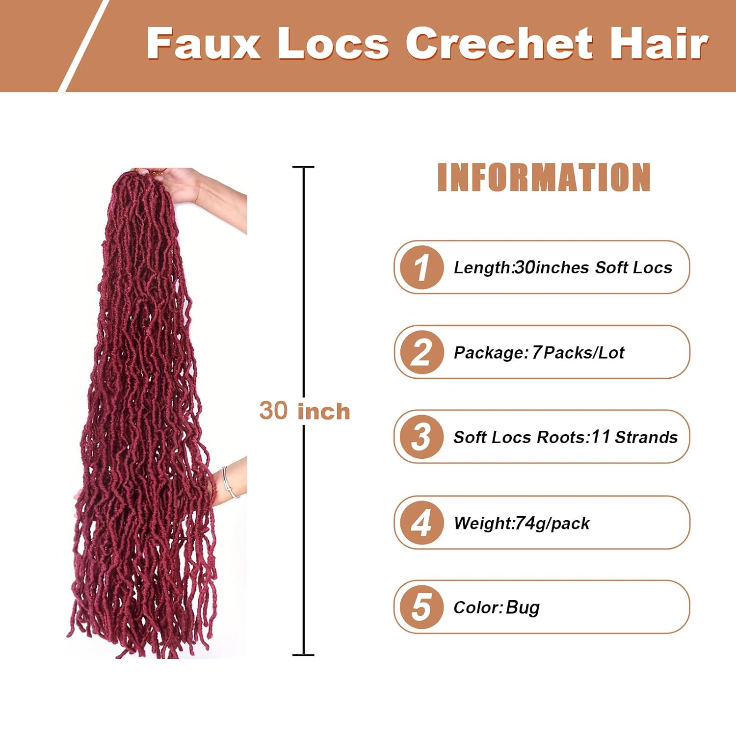 Burgundy red Soft Locs 30 Inch 7 Packs Crochet Hair Faux Locs Pre-looped Super Lightweight Goddess Locs color 530 Synthetic Crochet Hair Braids For Black Women (Bug, 30 Inch（Pack of 7）)