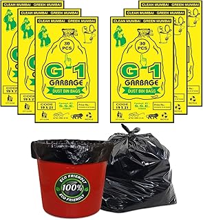 G 1 Garbage/Trash/Dustbin Bags and Covers For Kitchen Washroom Parks Medium Size Size 48 cm x 56 cm Black Color 180 Pcs Pack of 6