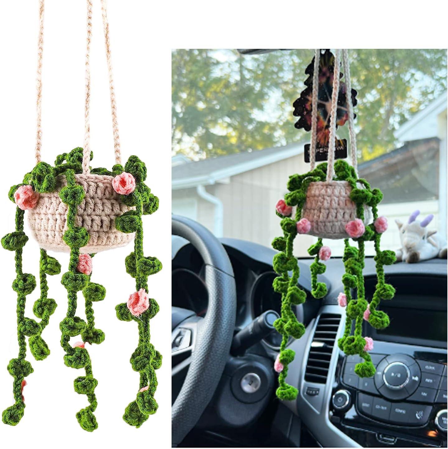 Kewucn Boho Car Plants Crochet Rear View Mirror Accessories, Cute Auto Pendant Crochet Plants Hanging Baskets, Green Vehicle Interior Aesthetic Decor Hanging Ornament for Women Men (Style 2)