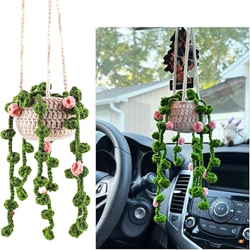 Kewucn Boho Car Plants Crochet Rear View Mirror Accessories, Cute Auto Pendant Crochet Plants Hanging Baskets, Green Vehicle Interior Aesthetic Decor Hanging Ornament for Women Men Style 2