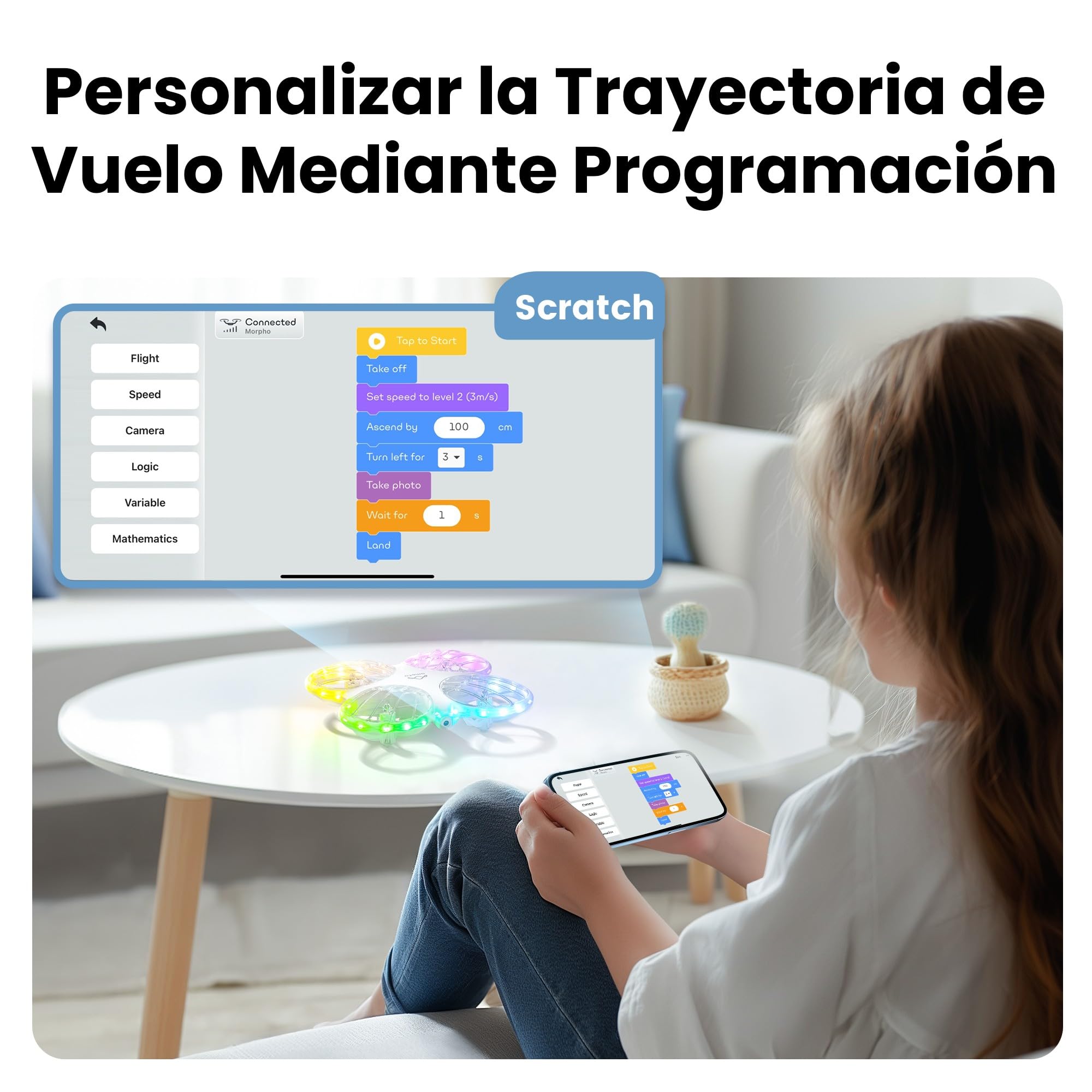 Ameta Morpho Dron para Niños con Camara 1080P, Mini Drone FPV con 32 Luces RGB/Vuelo en Círculo/ 3D Voltear/ 18min de Vuelo/Timbre Perdido, Juguetes Regalo para Niños Niñas, Menos de 250g