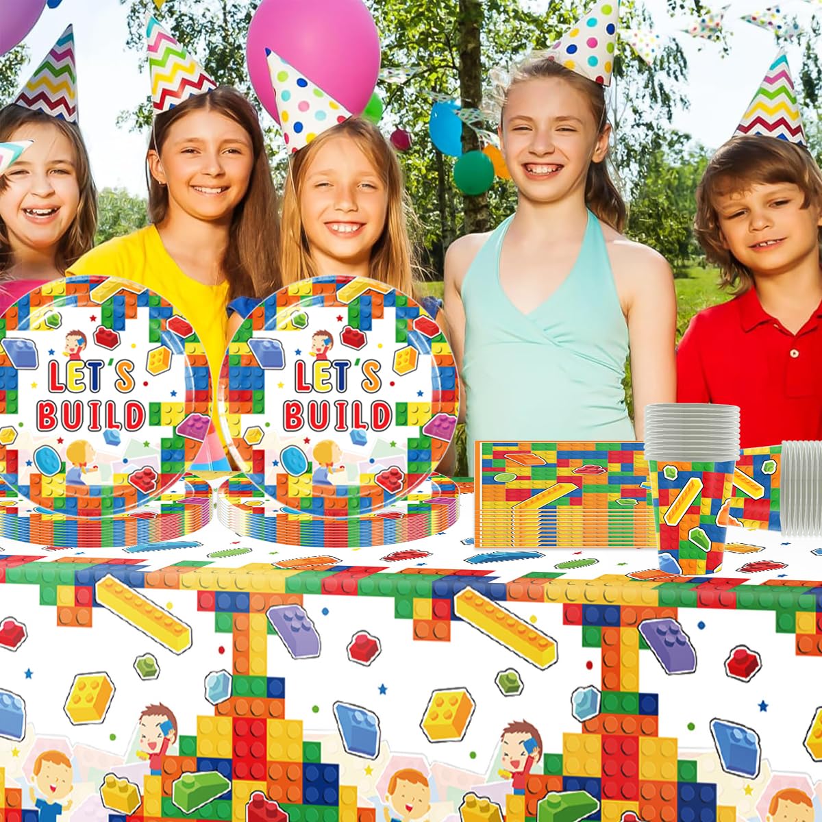 Blocchi di Costruzione Stoviglie per feste, Stoviglie per compleanni per bambini, mattoncini da costruzione Set di piatti di carta per feste, Compresi bicchieri, tovaglioli e tovaglie