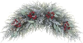U'Artlines Christmas Swag Artificial Frosted Decorative Swag Front Door Wreath with Red Berry Pine Cones for Xmas Holiday Home Decor (27.5" Frost White)