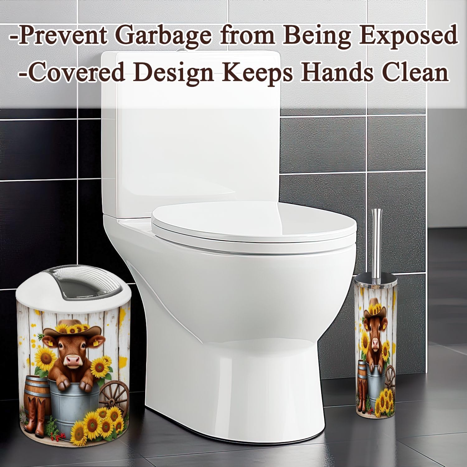 Bathroom Accessories Set 6 Pcs Highland Cow Shower Curtain Bathroom Farmhouse Rustic Cow Sunflower Toothbrush Holder Cup Soap Dispenser Soap Dish Toilet Brush Holder Trash Can for Countertop Decor