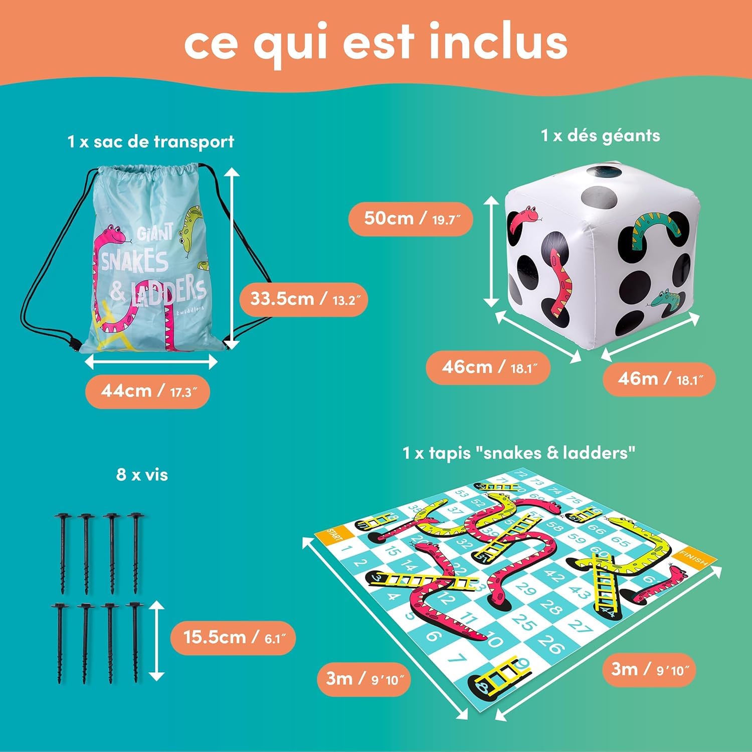 THE TWIDDLERS XXL Jeu Serpents & Échelles avec Dés Gonflables & Sac à Cordon - Jardin Géant & Jeu de Société, Snakes & Ladders pour Enfants & Adultes - 300x300cm