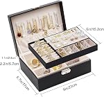 SYCARON Jewelry Organizer Box for Women and Girls, 2 Layer Jewelry Storage Case PU Leather Soft Lining with Lock for Rings Earrings Necklace Bracelets, Gift for Women, Black