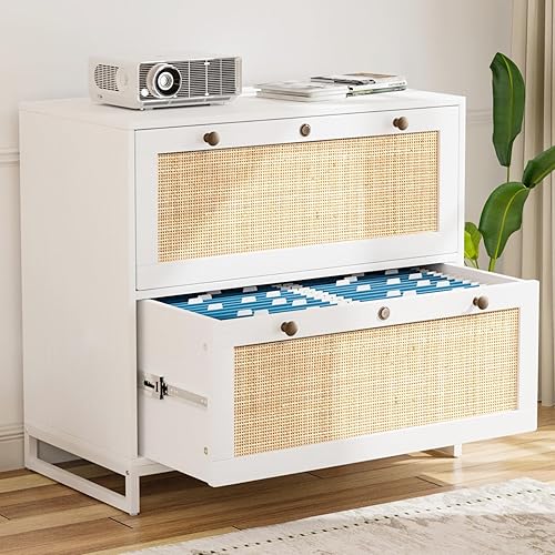 VINGLI Archivador lateral de ratán blanco y natural con 2 cajones con cerradura, archivadores de madera con bloqueo para oficina en casa, gabinete