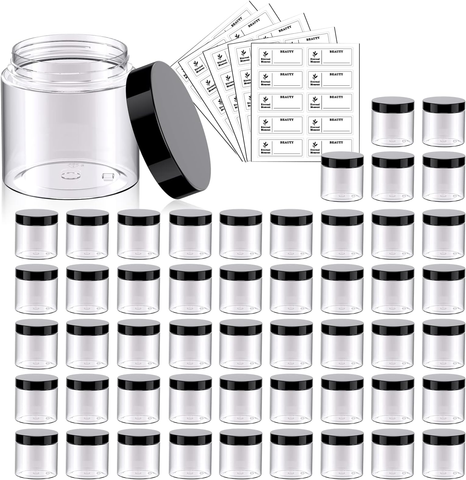 50 Pack 2 OZ Plastic Jars Round Clear Cosmetic Container Jar with Lids, Eternal Moment Plastic Slime Jars for Lotion, Cream, Ointments, Makeup, Eye shadow, Rhinestone, Samples, Pot, Travel Storage