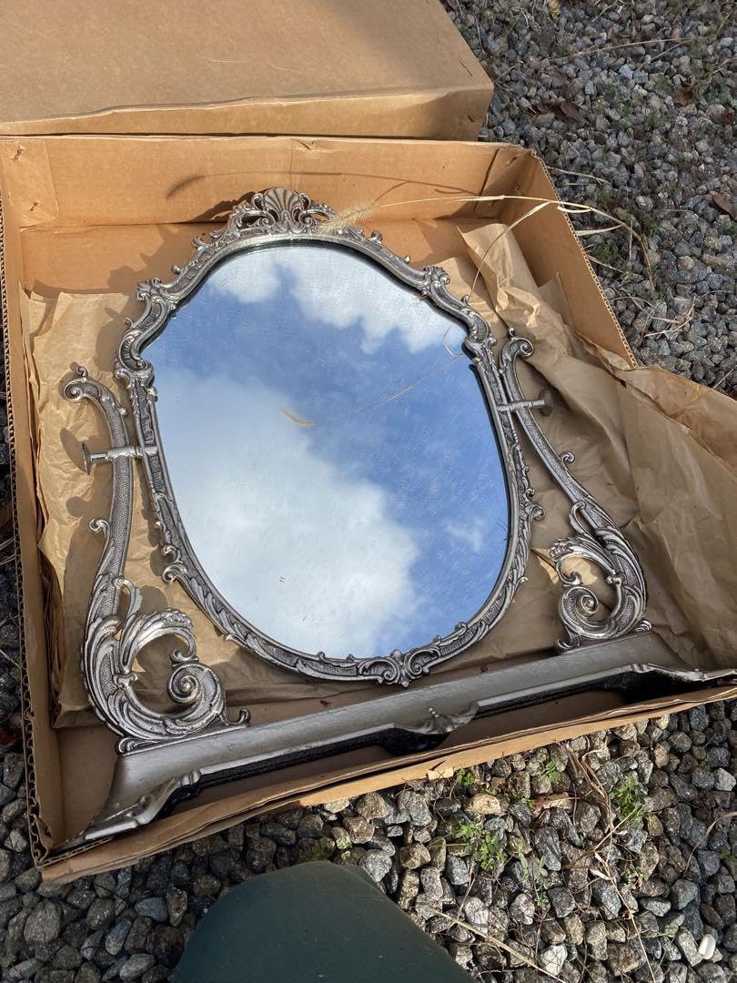 ロココ調アンティーク調スタンドミラー立て掛け鏡シルバーカラーレイミラー